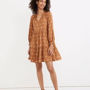 Madewell Tie-Neck Tiered Mini Dress in Bloom Dot (tan/brown)